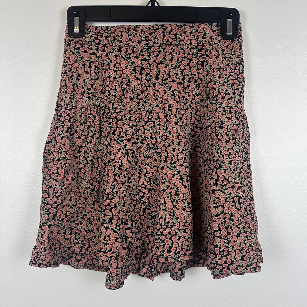 Brandy Melville Womens A-Line Mini Flowy Floral Pink/Black Rayon Skirt One Size